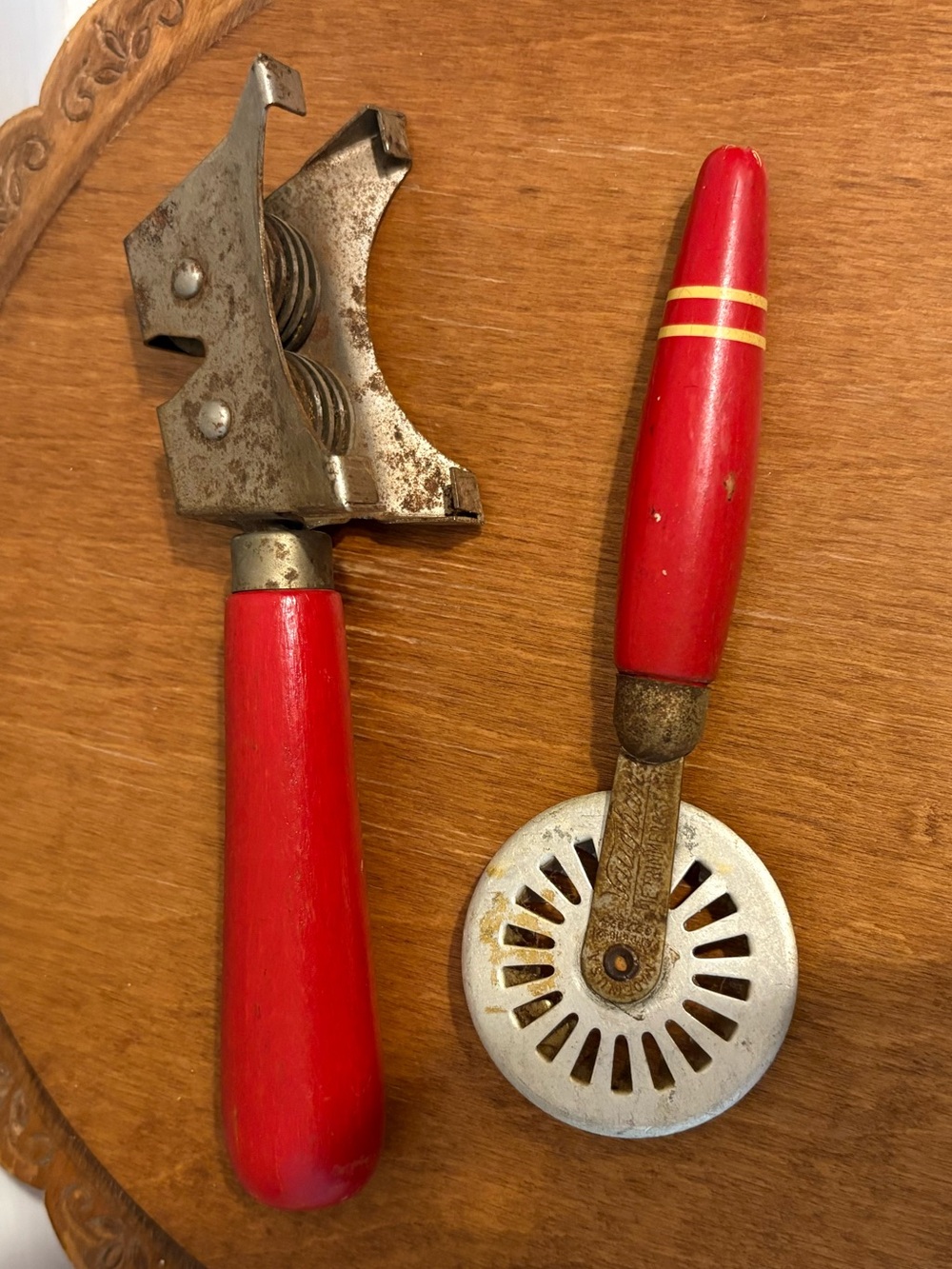 Red Wooden-Handled Kitchen Tools Set - knife sharpener and pastry wheel